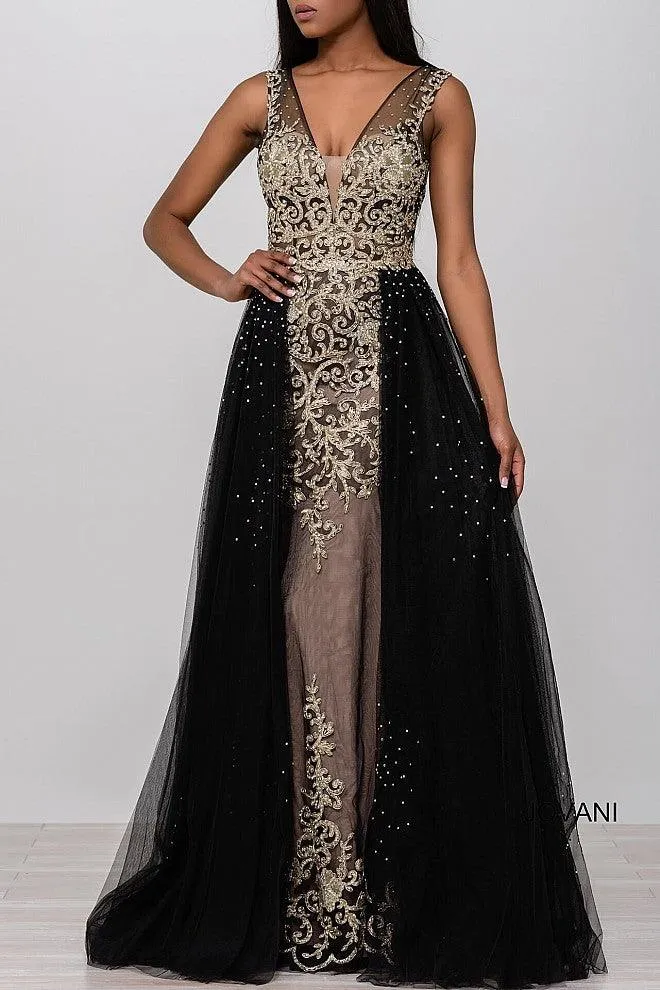 Jovani 41677 V-Neck Over Skirt Long evening Gown