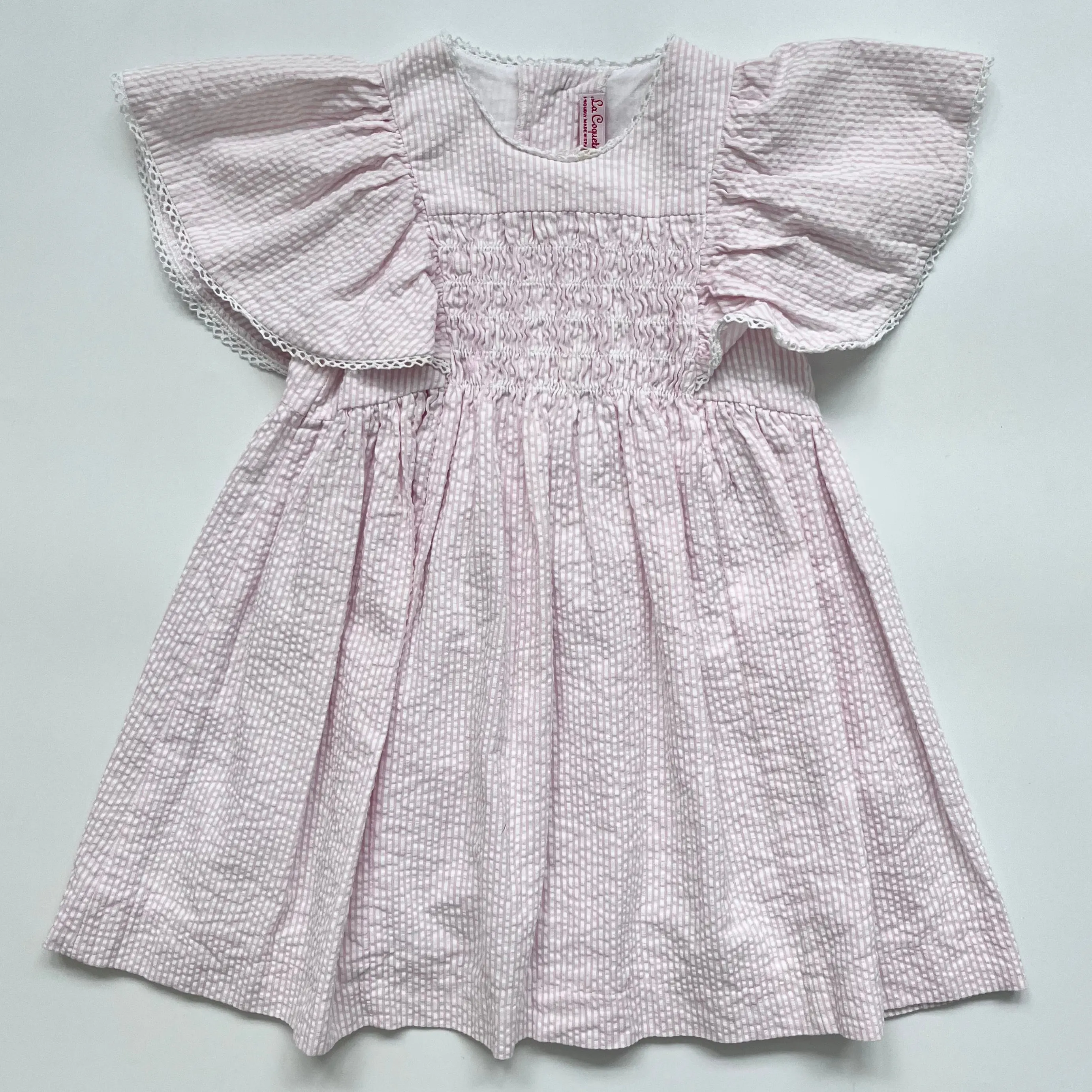 La Coqueta Pink And White Seersucker Smocked Dress: 4 Years