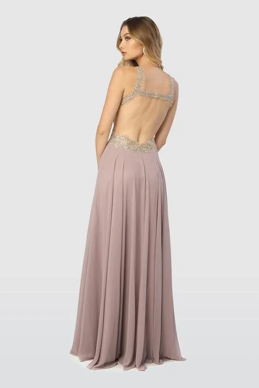 Long Evening Gown Open Back Prom Dress Tan Gold