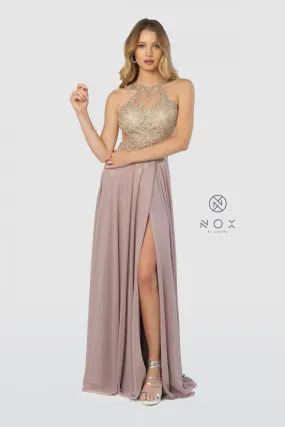 Long Evening Gown Open Back Prom Dress Tan Gold