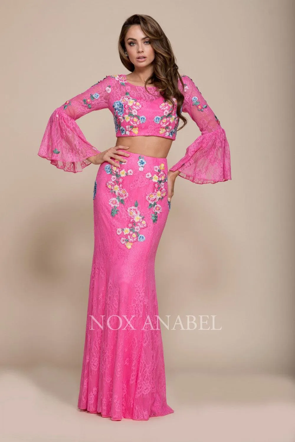 Long Floral Two Piece Bell Sleeve Prom Dress Evening Gown