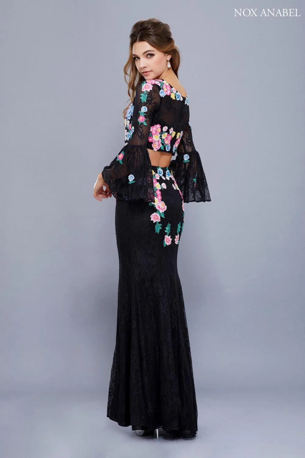 Long Floral Two Piece Bell Sleeve Prom Dress Evening Gown