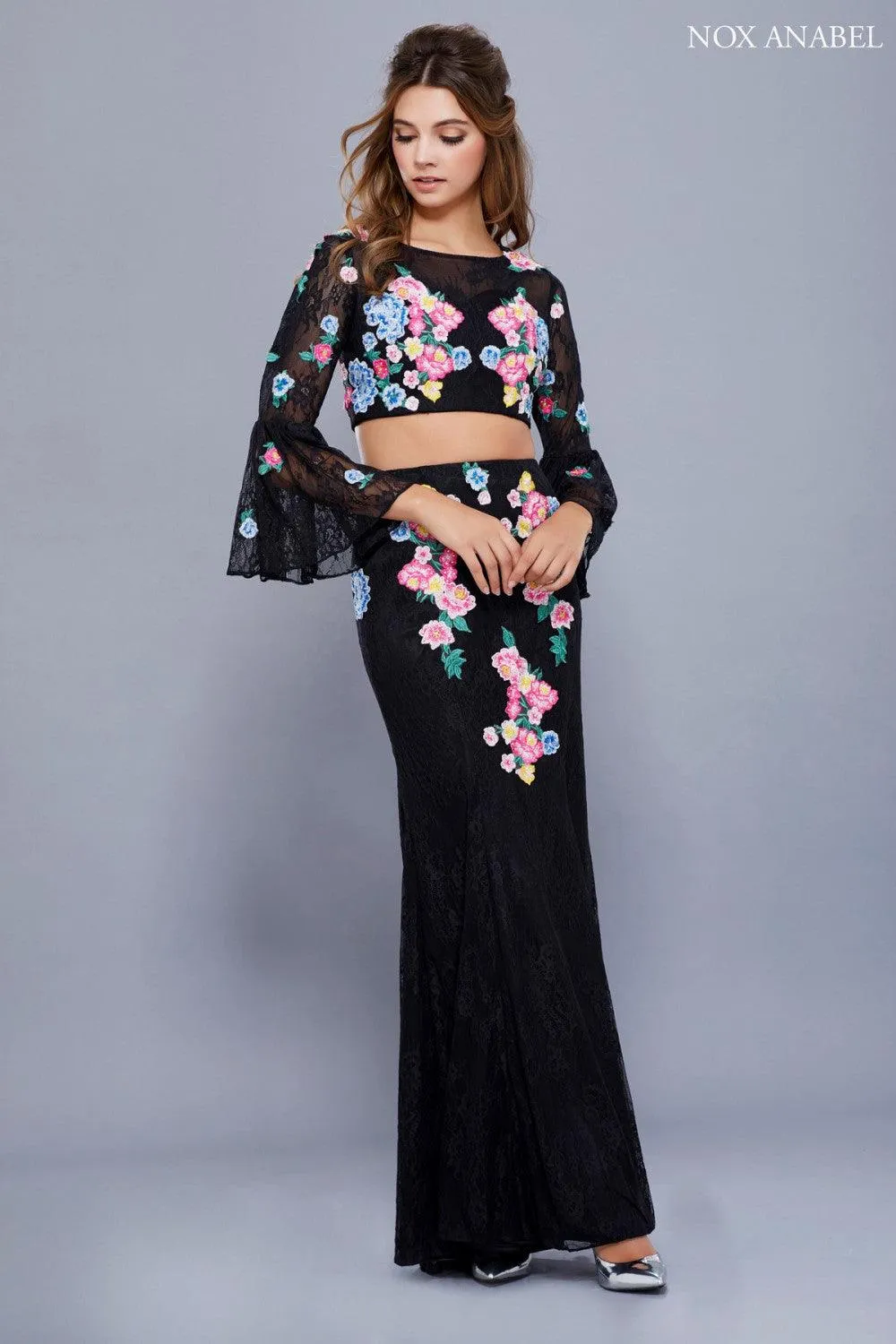 Long Floral Two Piece Bell Sleeve Prom Dress Evening Gown