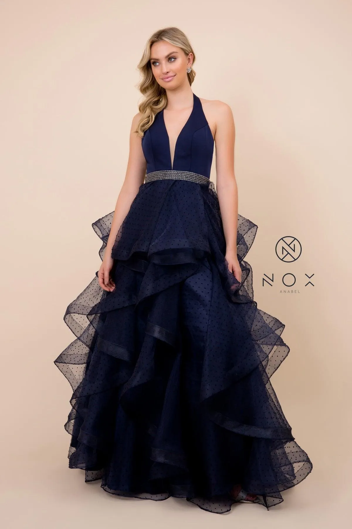 Long Halter V Neck Ruffled Prom Dress Evening Gown