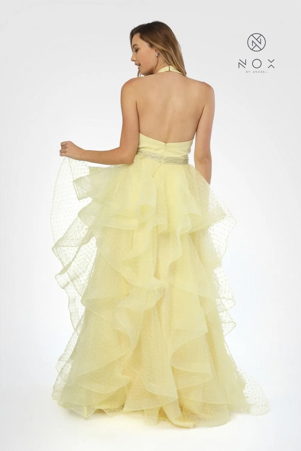 Long Halter V Neck Ruffled Prom Dress Evening Gown