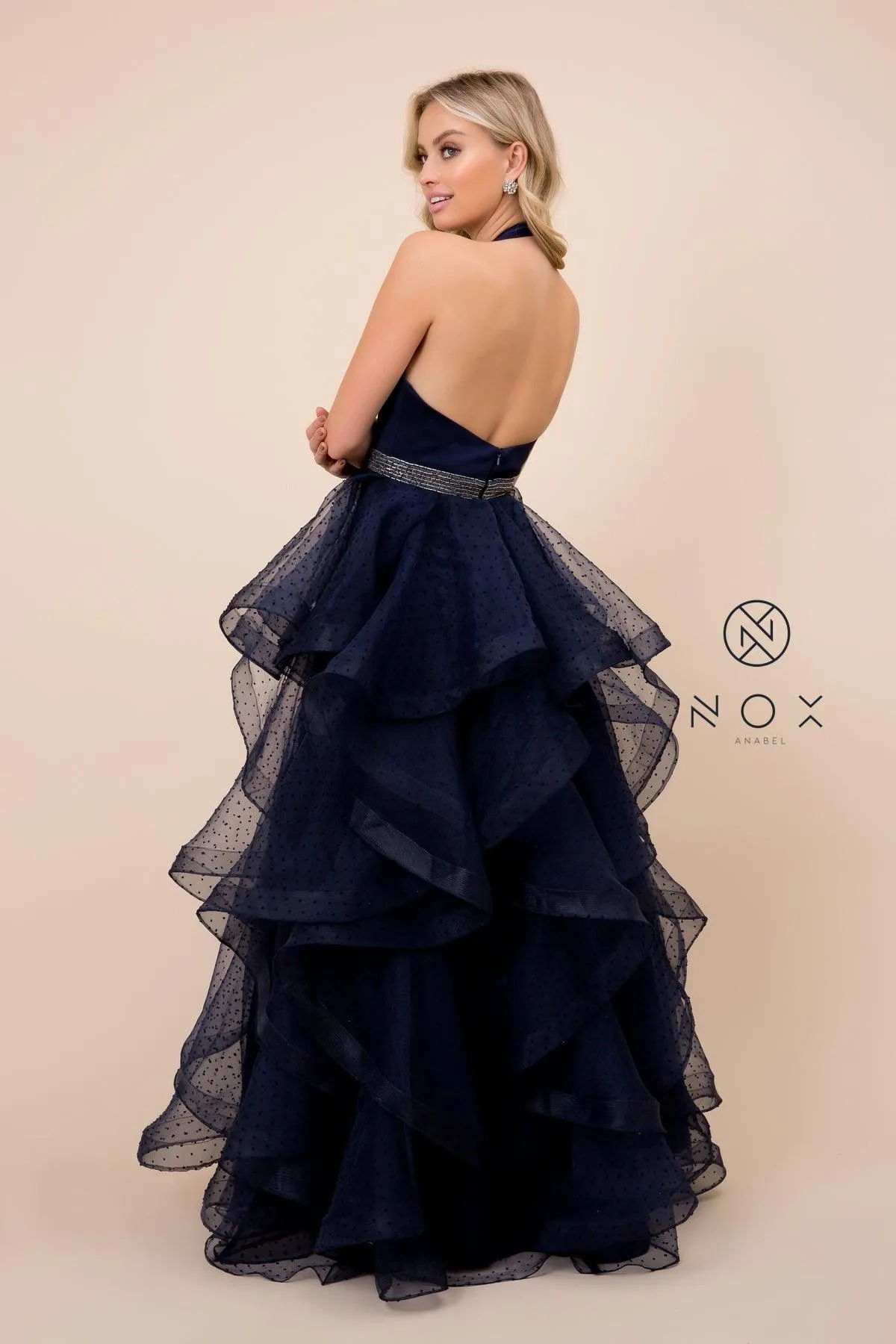 Long Halter V Neck Ruffled Prom Dress Evening Gown