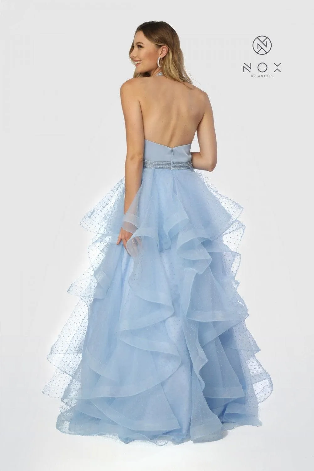 Long Halter V Neck Ruffled Prom Dress Evening Gown