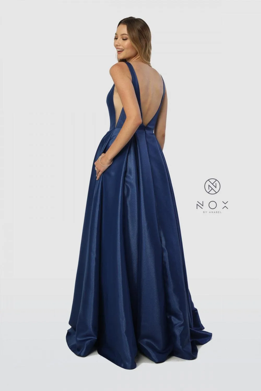 Long Open Back Prom Dress Evening Gown with Pockets