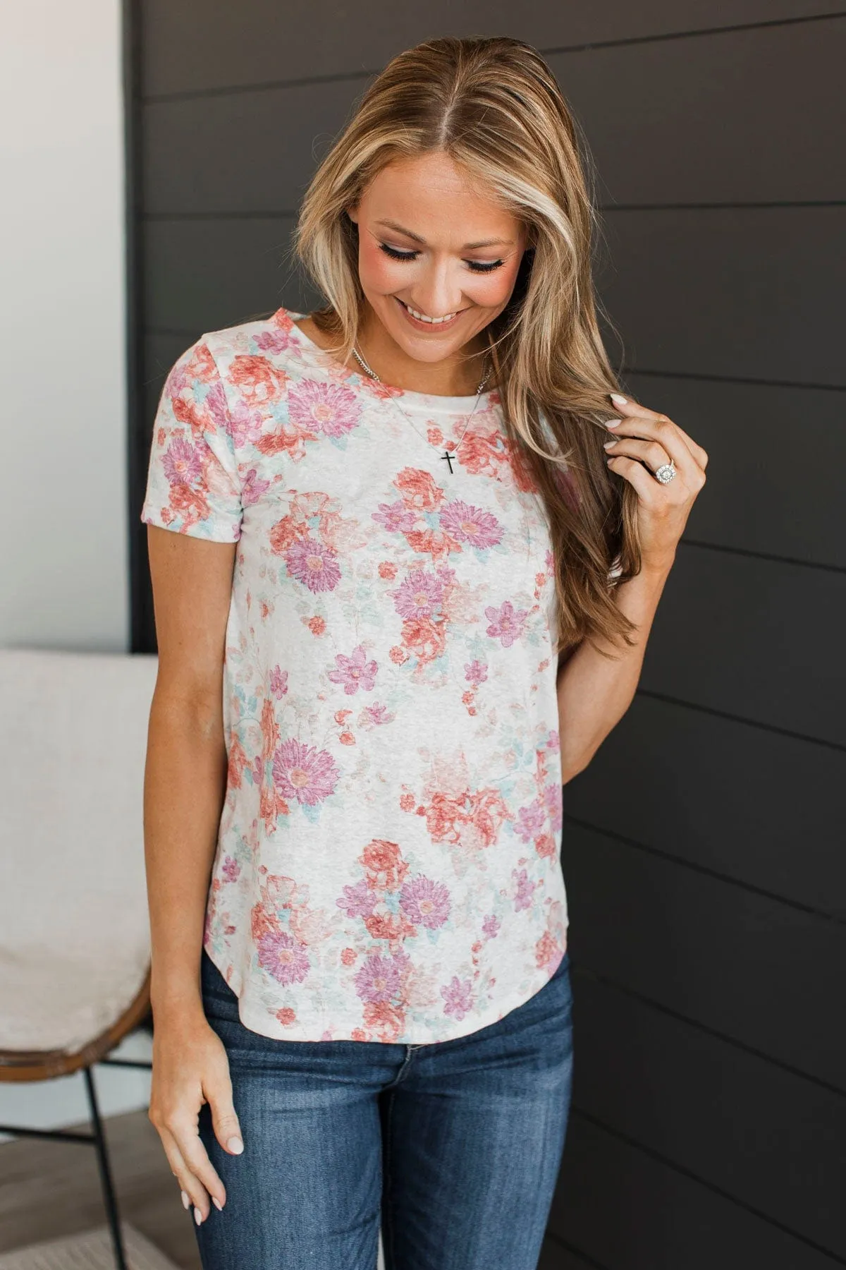 Love Galore Short Sleeve Floral Top- Ivory