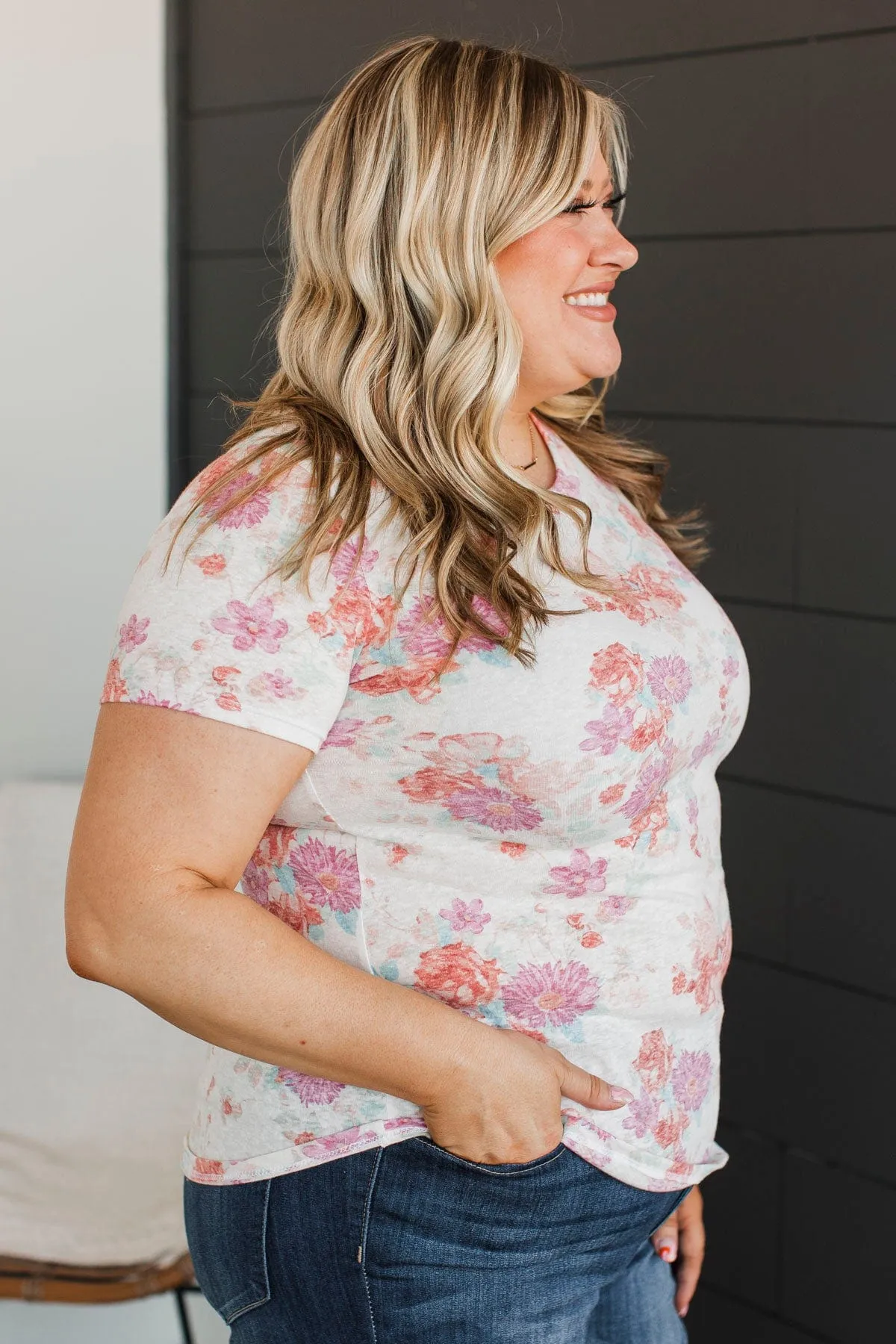 Love Galore Short Sleeve Floral Top- Ivory