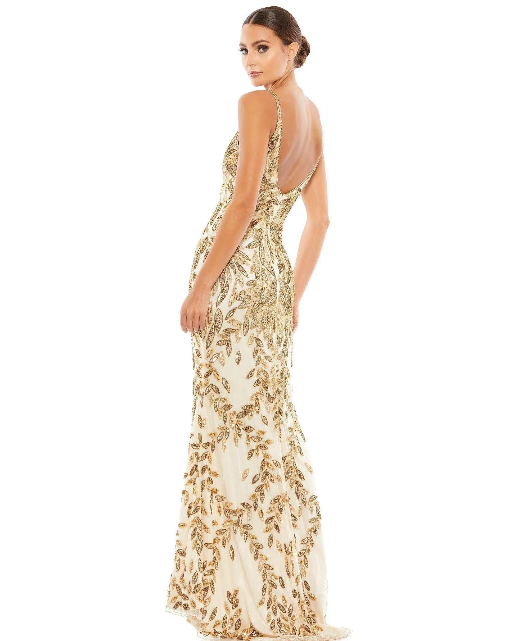 Mac Duggal Embellished Gold Leaf Evening Gown Sale