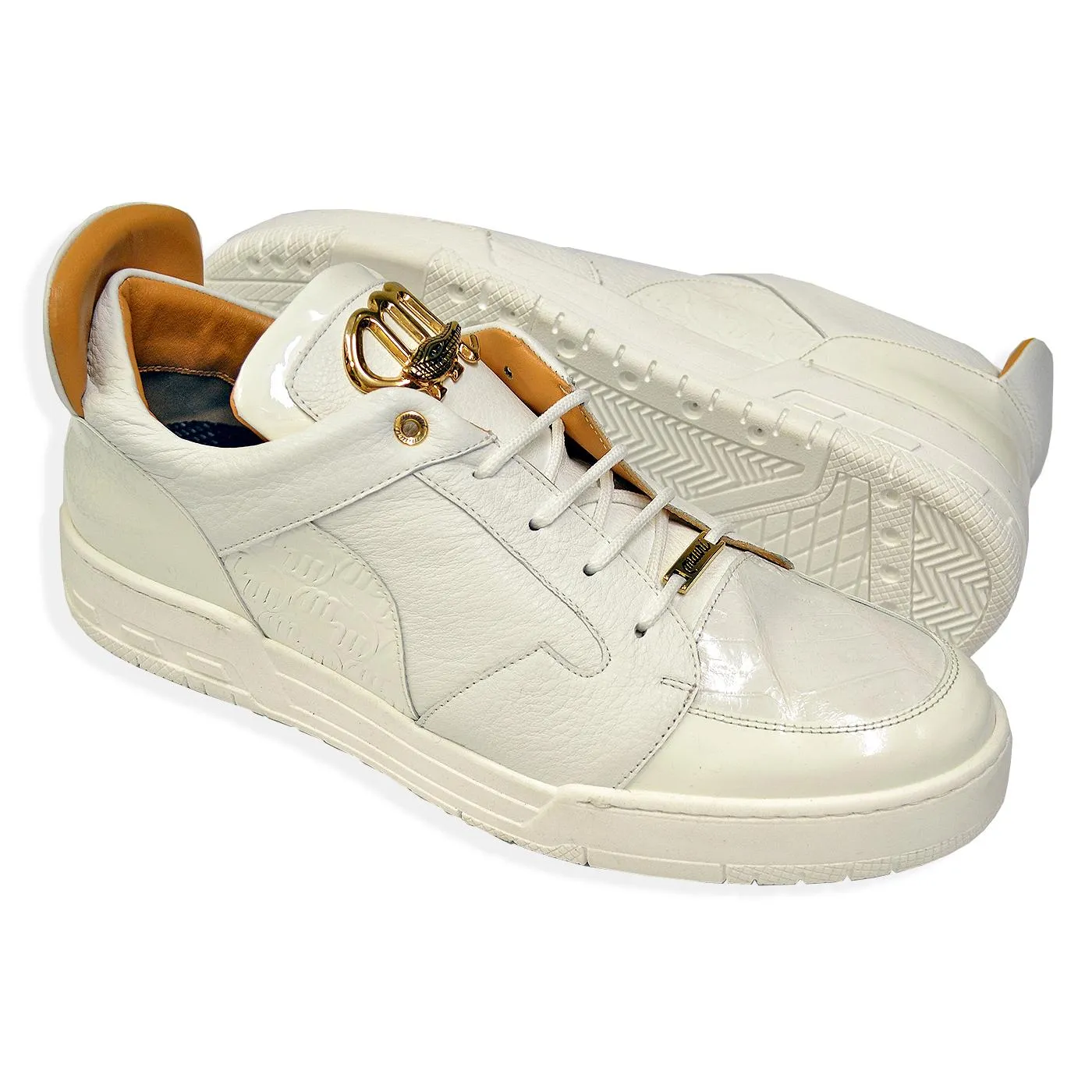 Mauri 8412/1 Boss Men's Shoes White Exotic Crocodile / Patent / Calf-Skin Leather Casual Sneakers (MA5549)