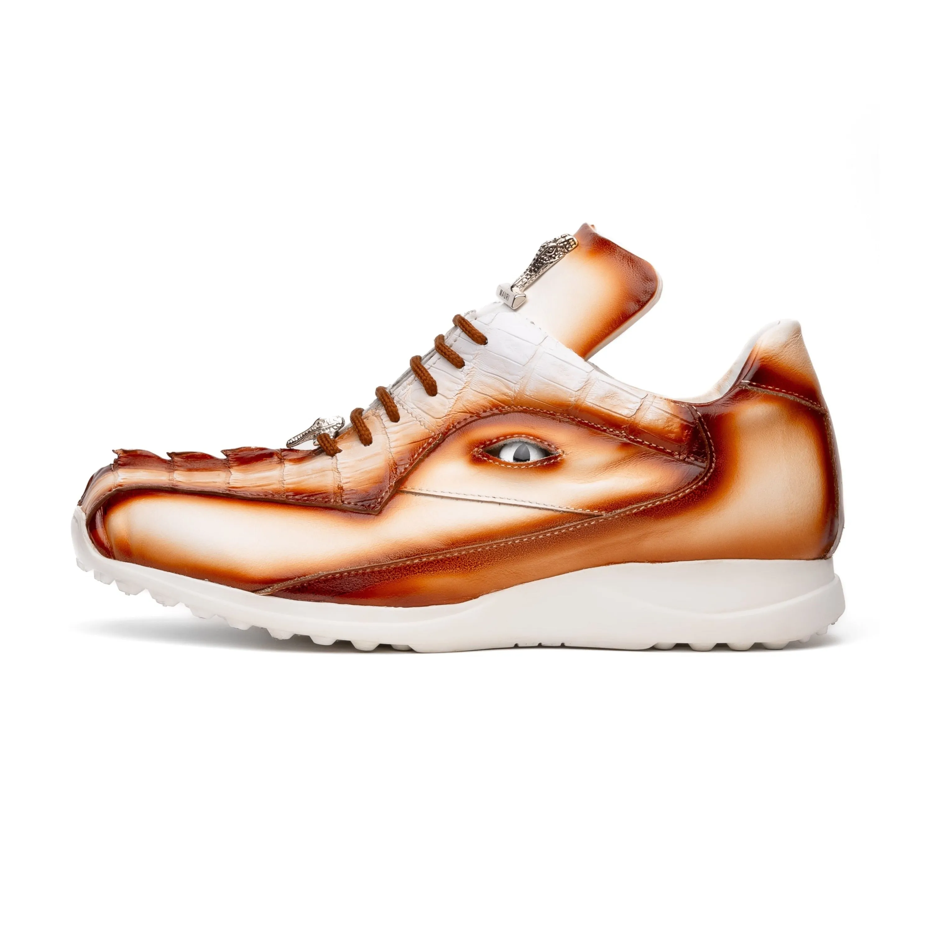 Mauri Hazard 8596/4 Men's Shoes White with Cognac Finished Exotic Hornback / Nappa Leather Casual Sneakers (MA5594)