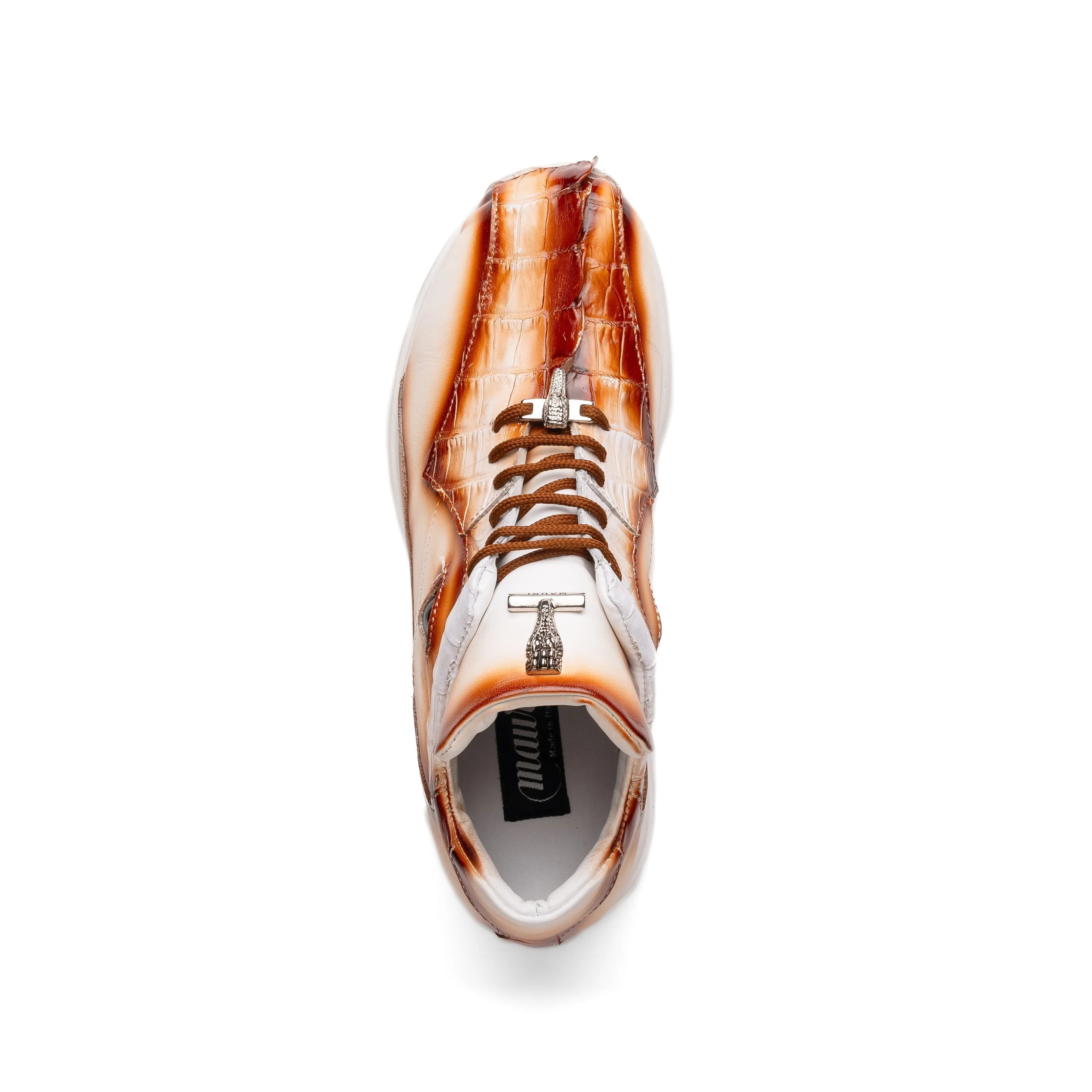 Mauri Hazard 8596/4 Men's Shoes White with Cognac Finished Exotic Hornback / Nappa Leather Casual Sneakers (MA5594)