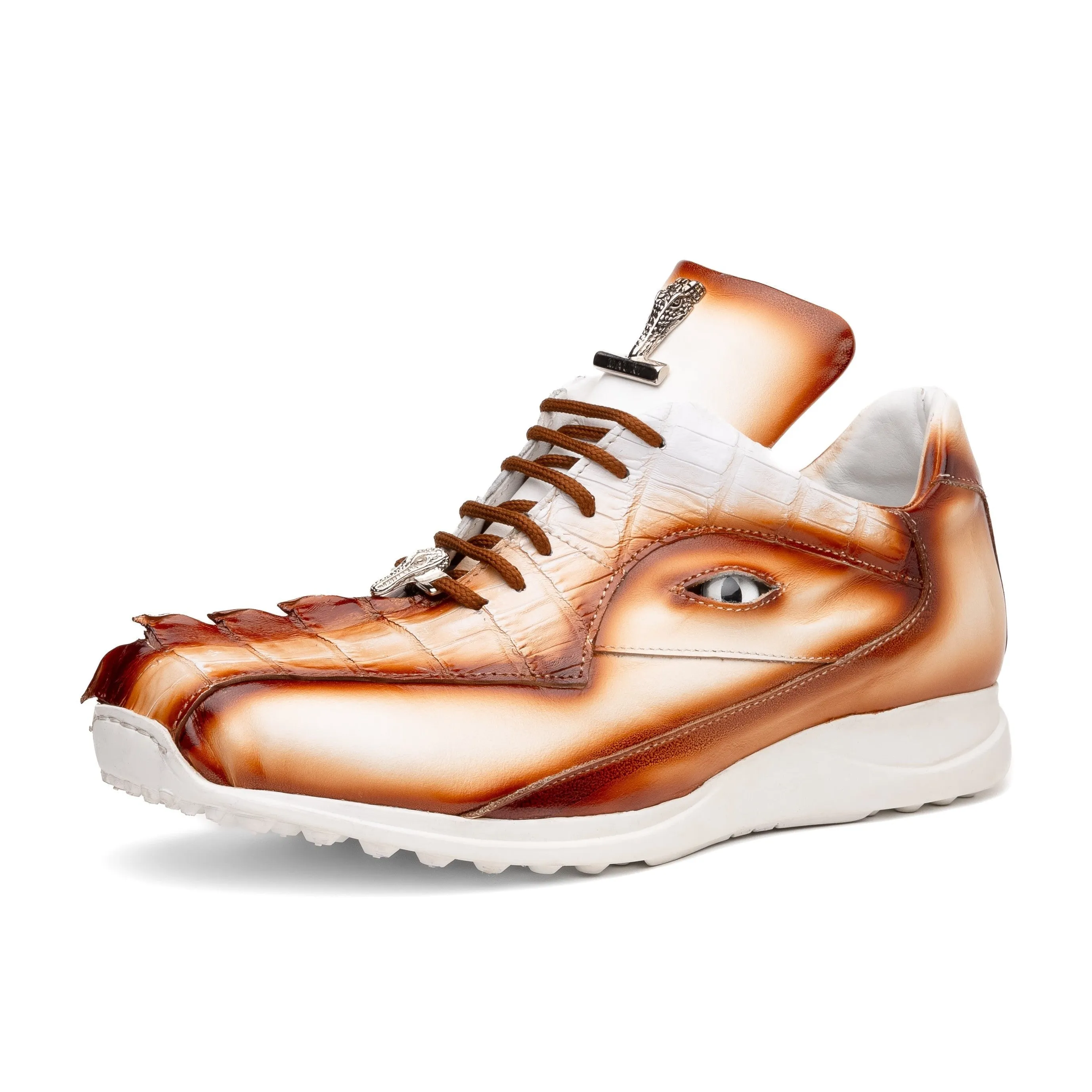 Mauri Hazard 8596/4 Men's Shoes White with Cognac Finished Exotic Hornback / Nappa Leather Casual Sneakers (MA5594)