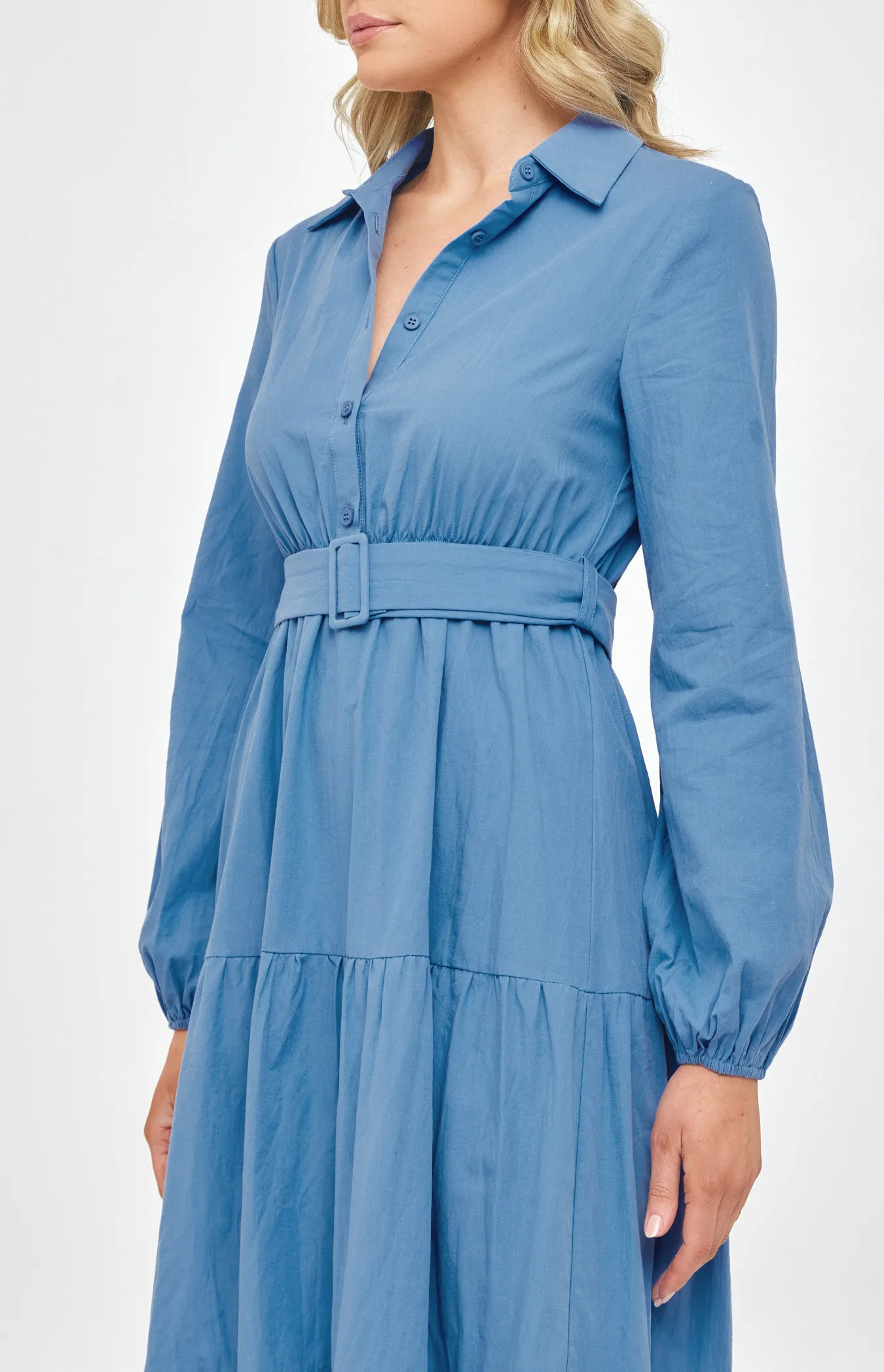 Maxi Shirt Dress with Buckle Belt and Tiered Hem (SDR1226A) 