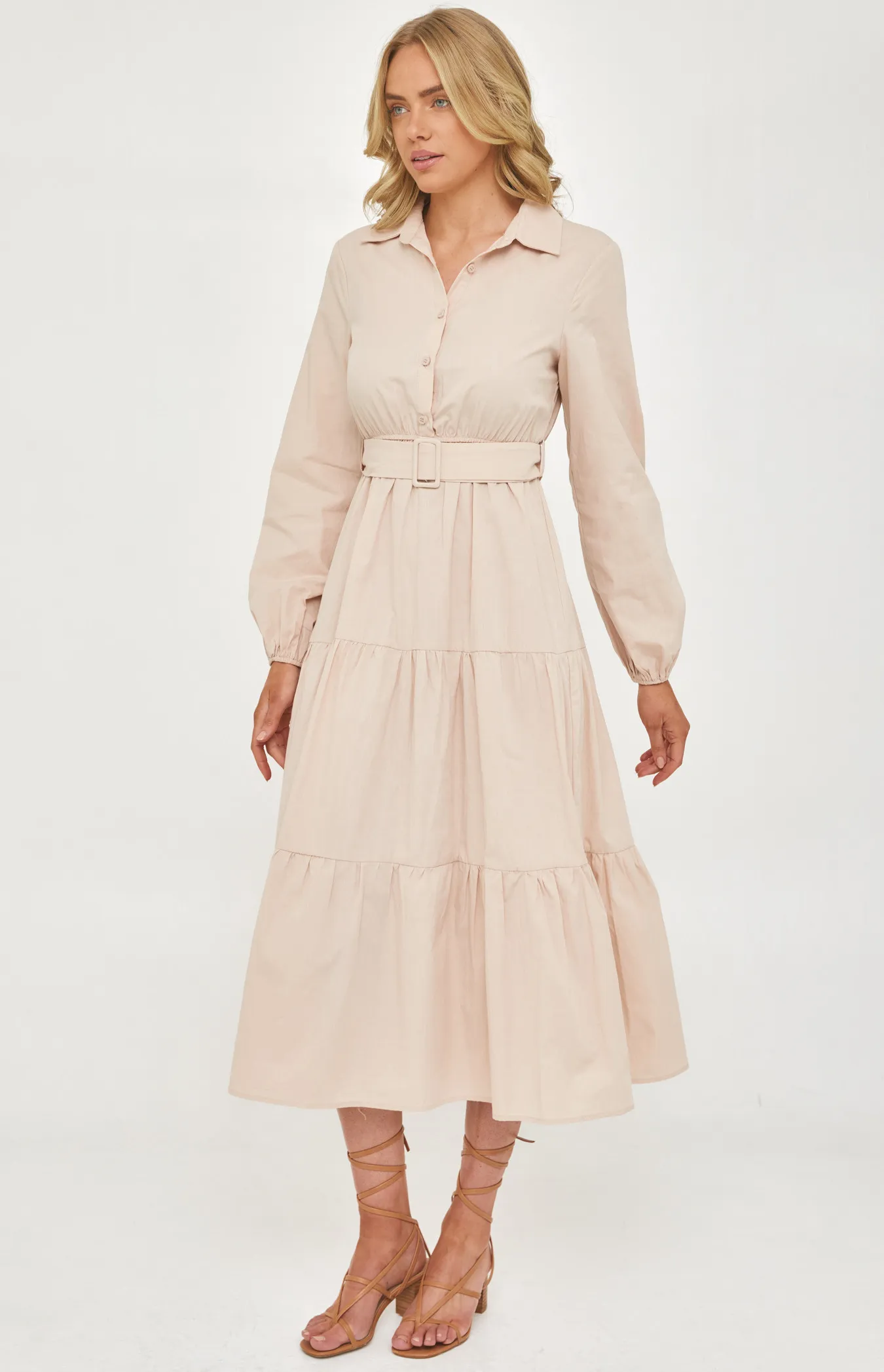 Maxi Shirt Dress with Buckle Belt and Tiered Hem (SDR1226A) 