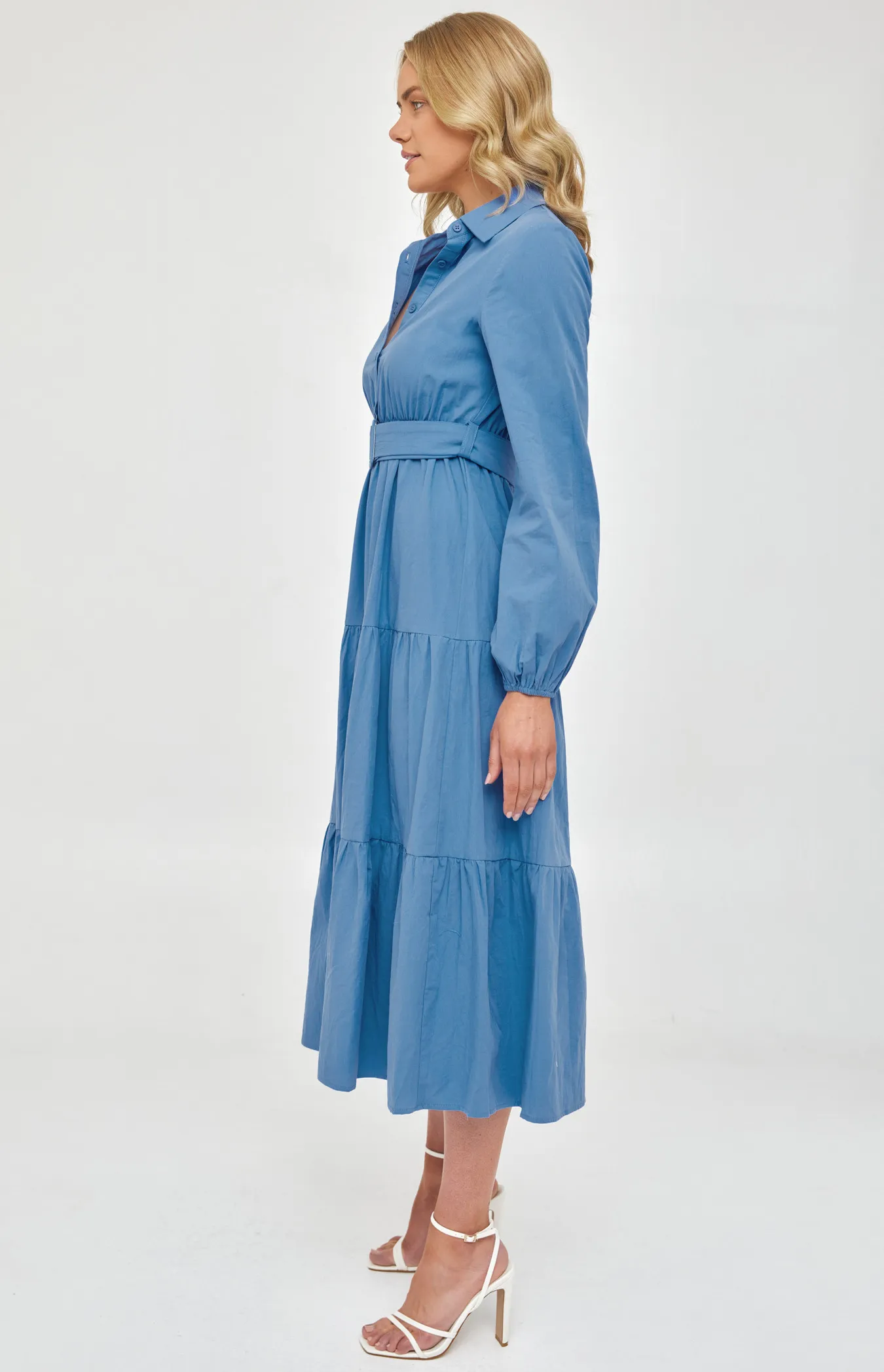 Maxi Shirt Dress with Buckle Belt and Tiered Hem (SDR1226A) 