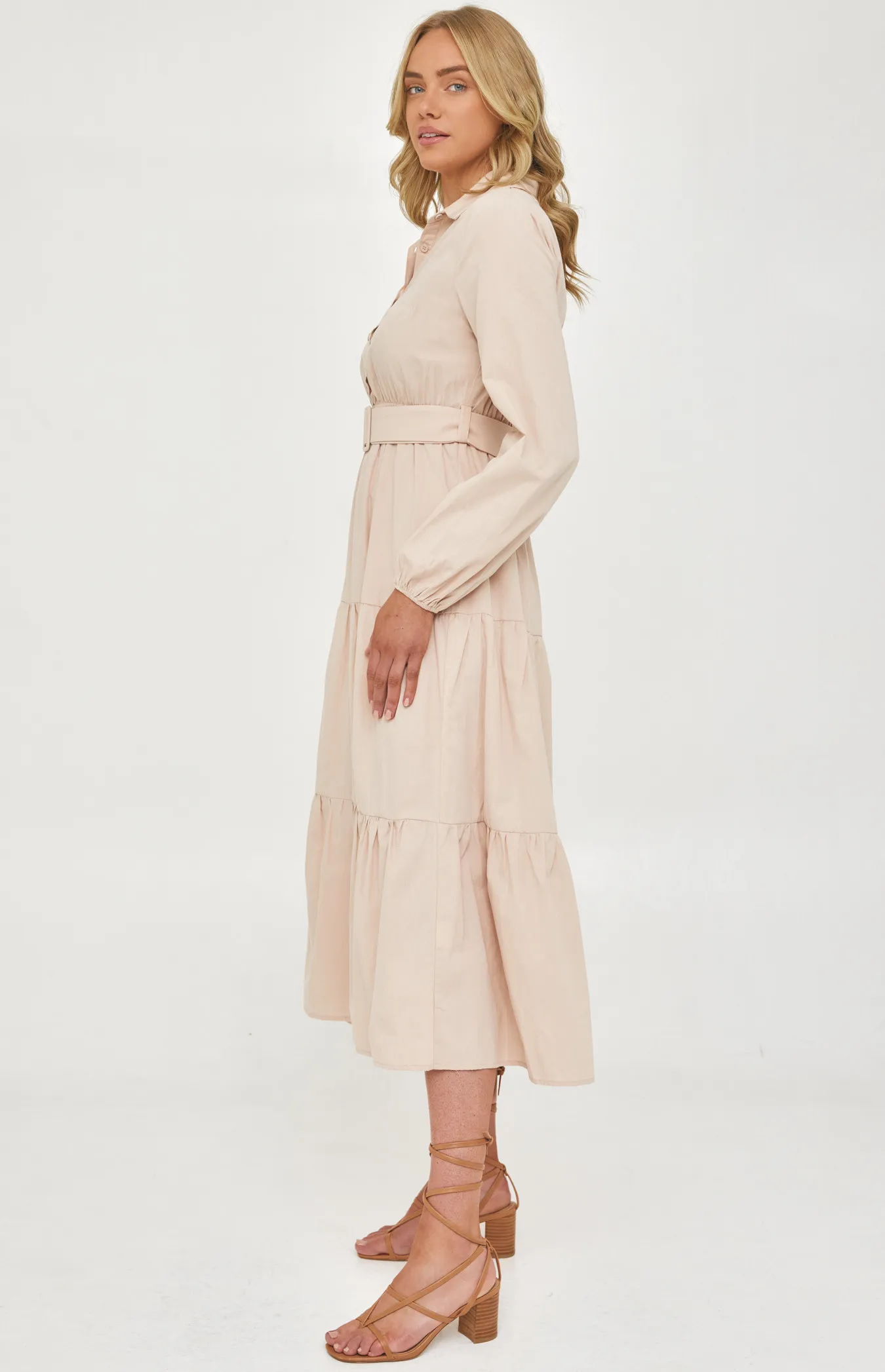 Maxi Shirt Dress with Buckle Belt and Tiered Hem (SDR1226A) 