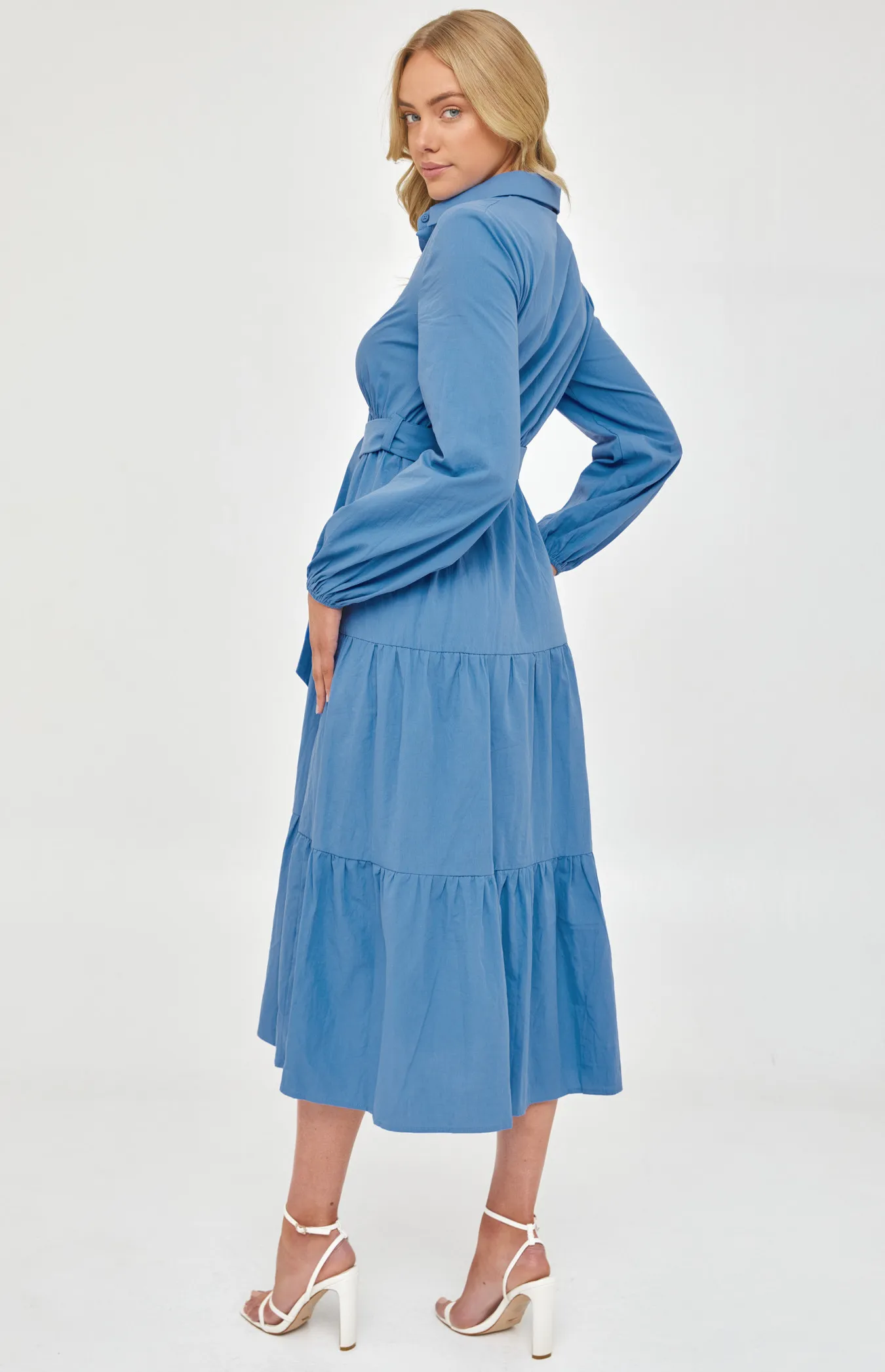 Maxi Shirt Dress with Buckle Belt and Tiered Hem (SDR1226A) 