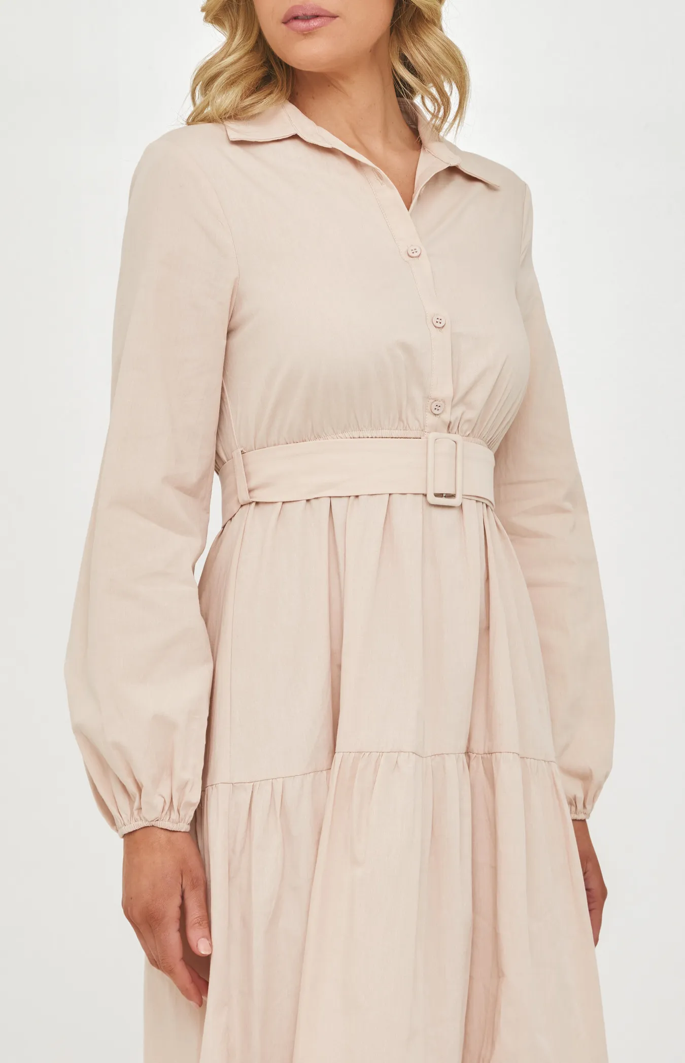 Maxi Shirt Dress with Buckle Belt and Tiered Hem (SDR1226A) 