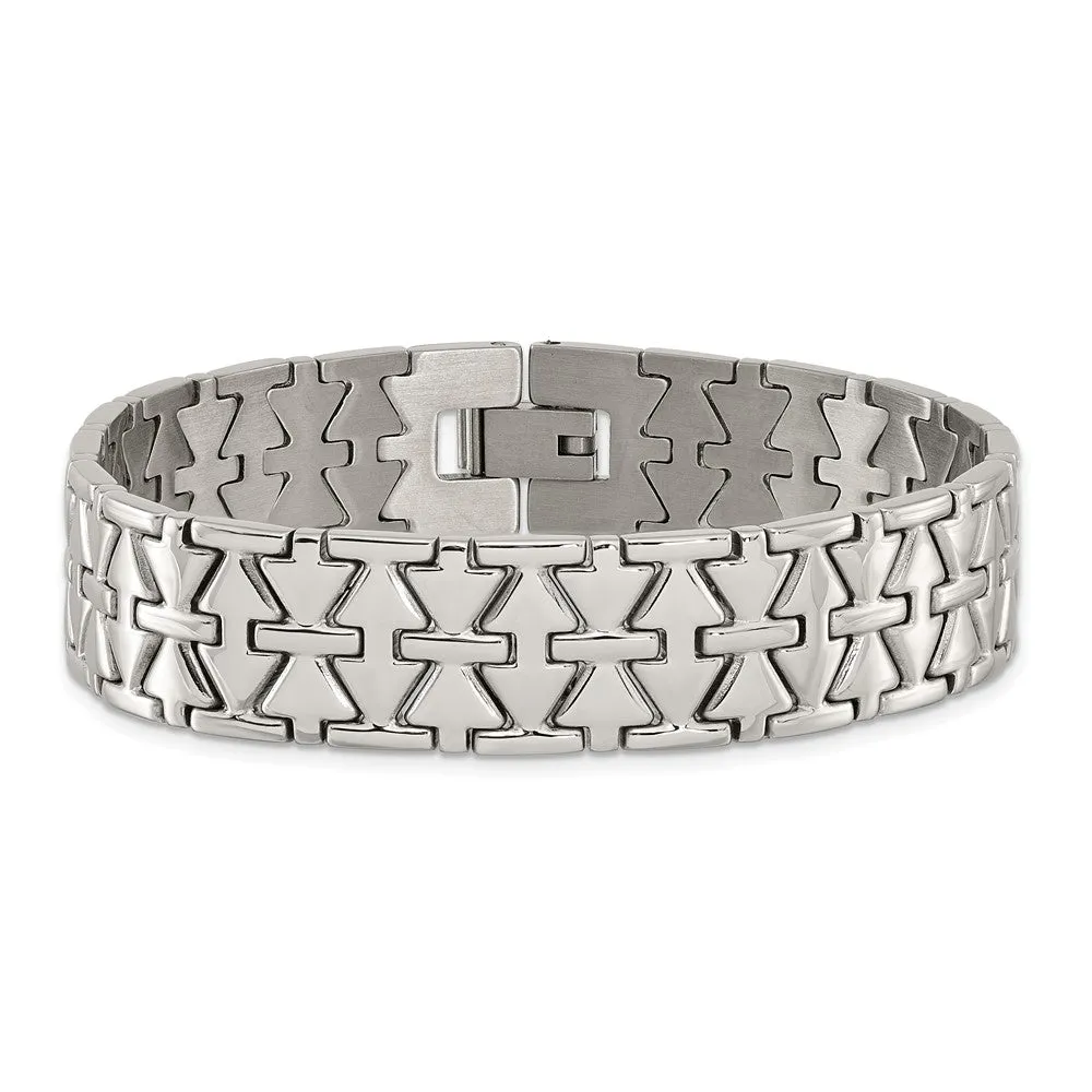 Men's 15mm Polished Stainless Steel Aztec Link Bracelet, 7.5 Inch