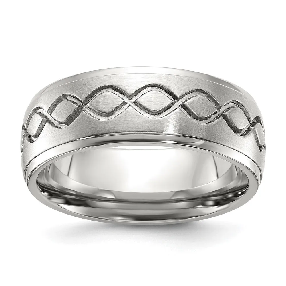 Men's 8mm Stainless Steel Brushed Scroll Design Ridged Edge Band