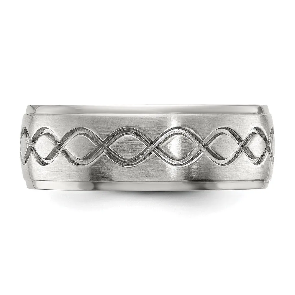 Men's 8mm Stainless Steel Brushed Scroll Design Ridged Edge Band