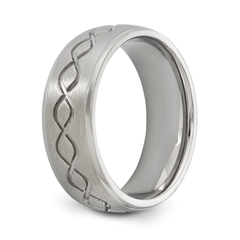 Men's 8mm Stainless Steel Brushed Scroll Design Ridged Edge Band