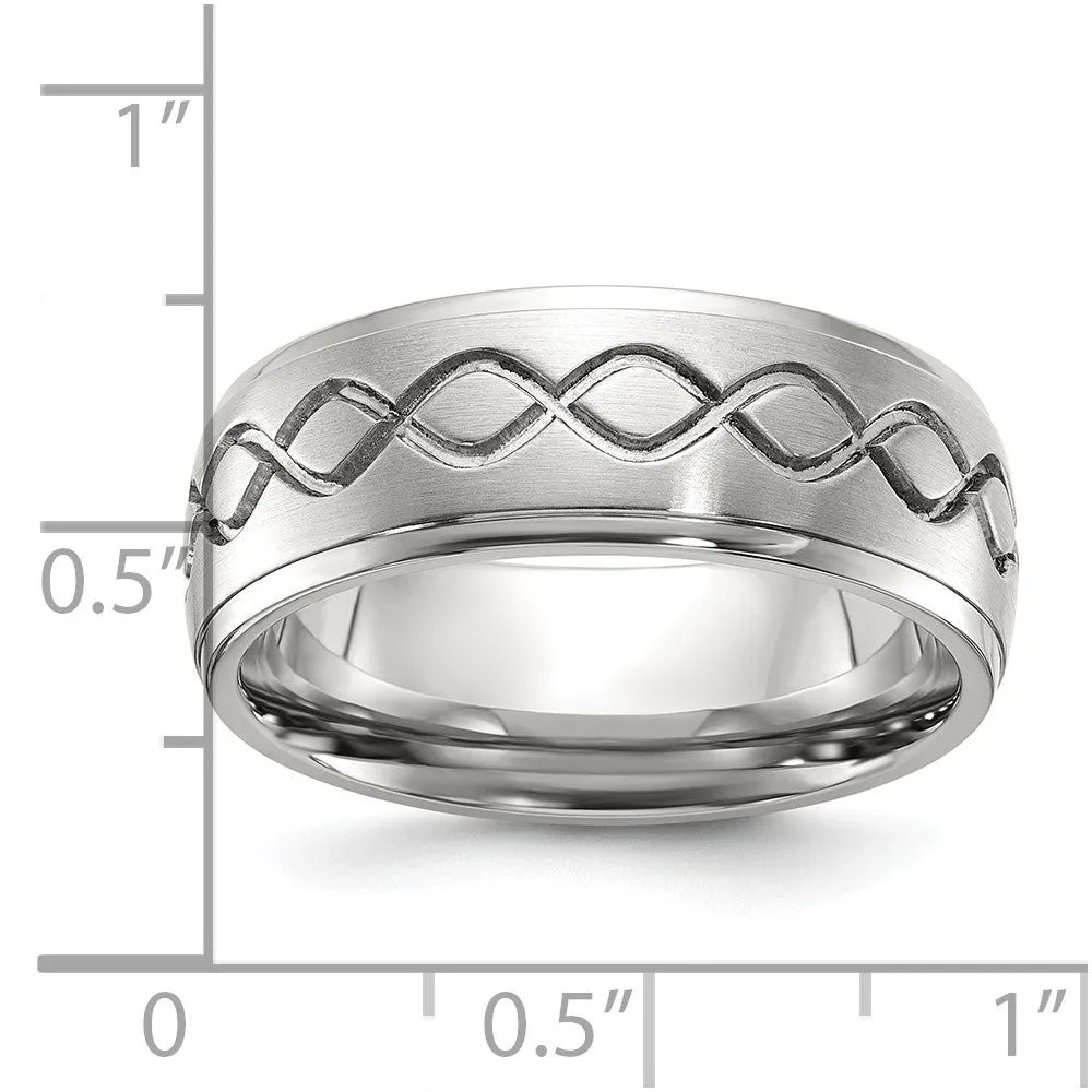 Men's 8mm Stainless Steel Brushed Scroll Design Ridged Edge Band