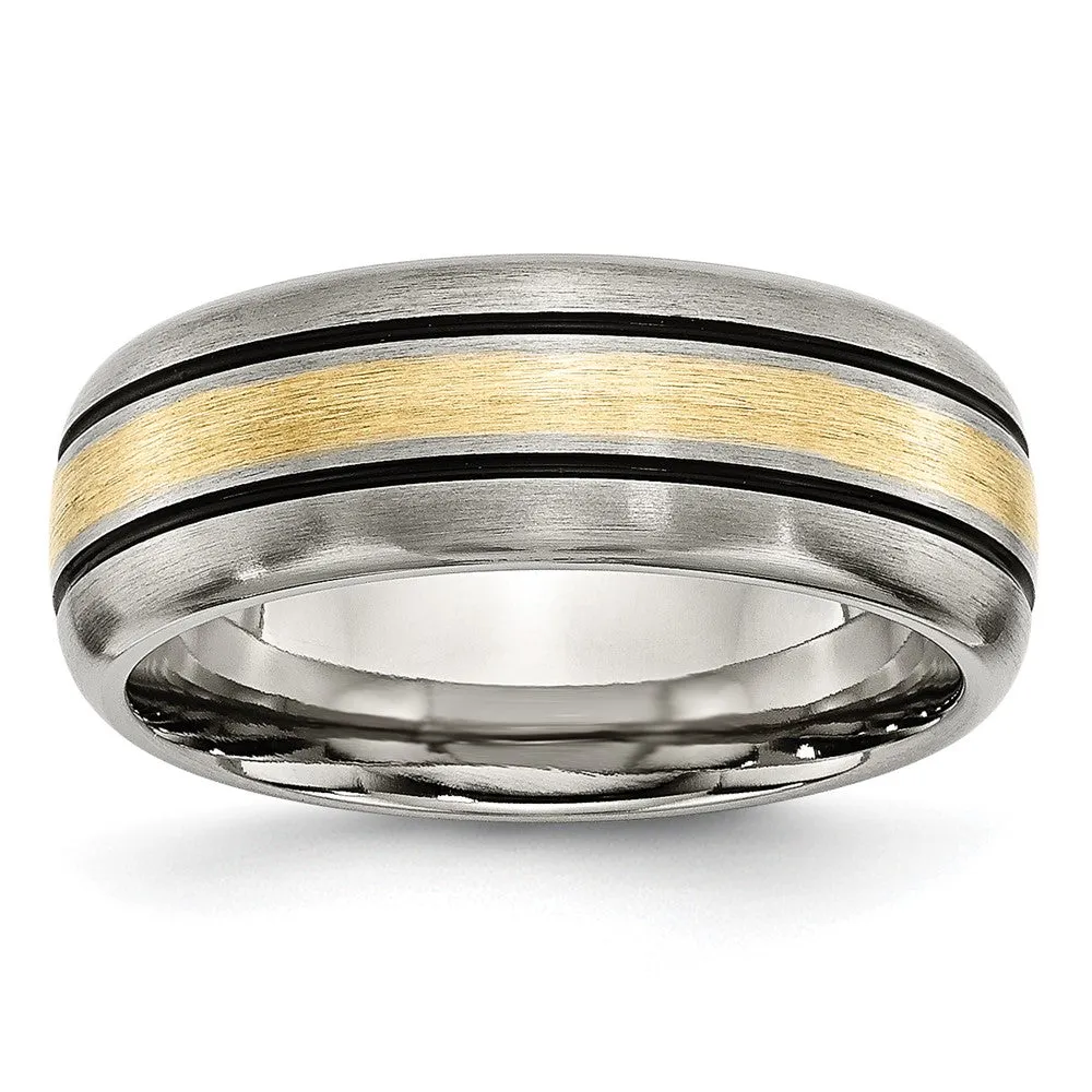 Men's 8mm Titanium & 14K Gold Inlay Antiqued/Brushed Grooved Band