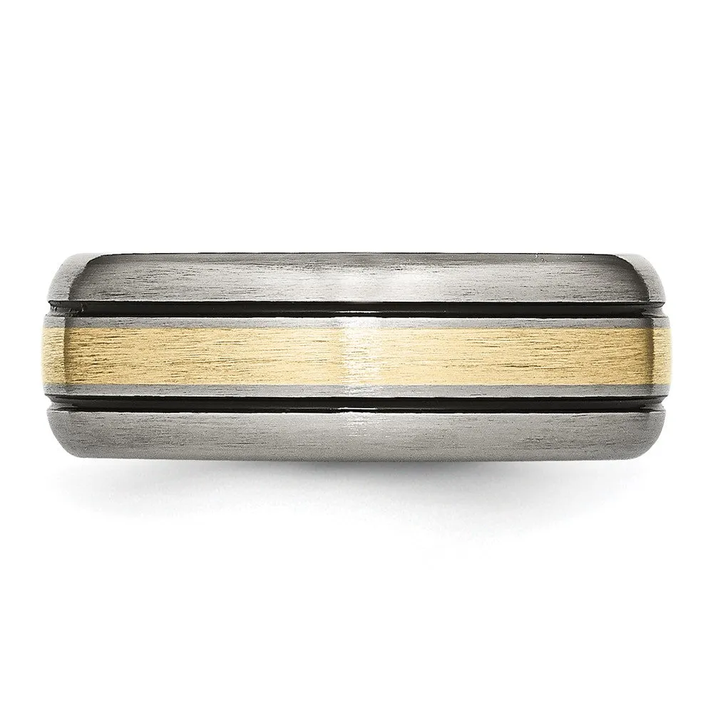 Men's 8mm Titanium & 14K Gold Inlay Antiqued/Brushed Grooved Band