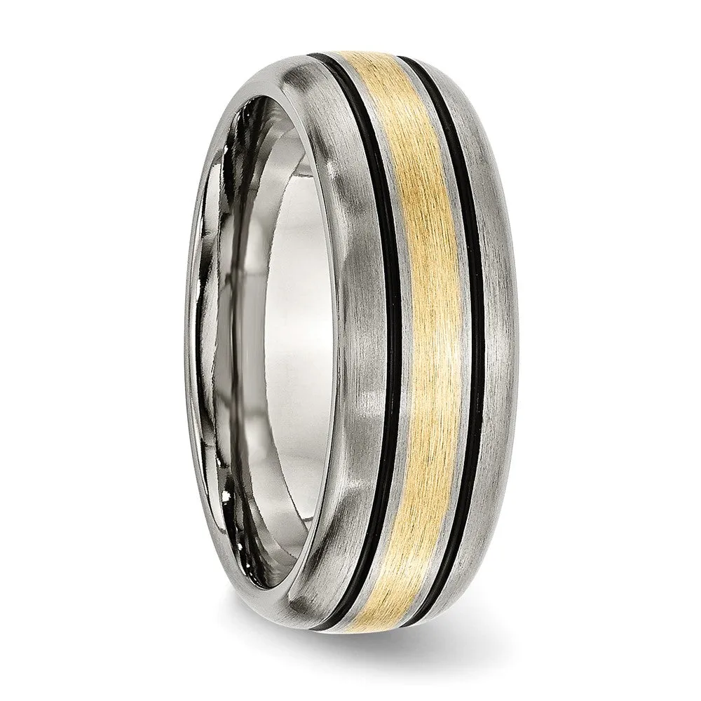 Men's 8mm Titanium & 14K Gold Inlay Antiqued/Brushed Grooved Band