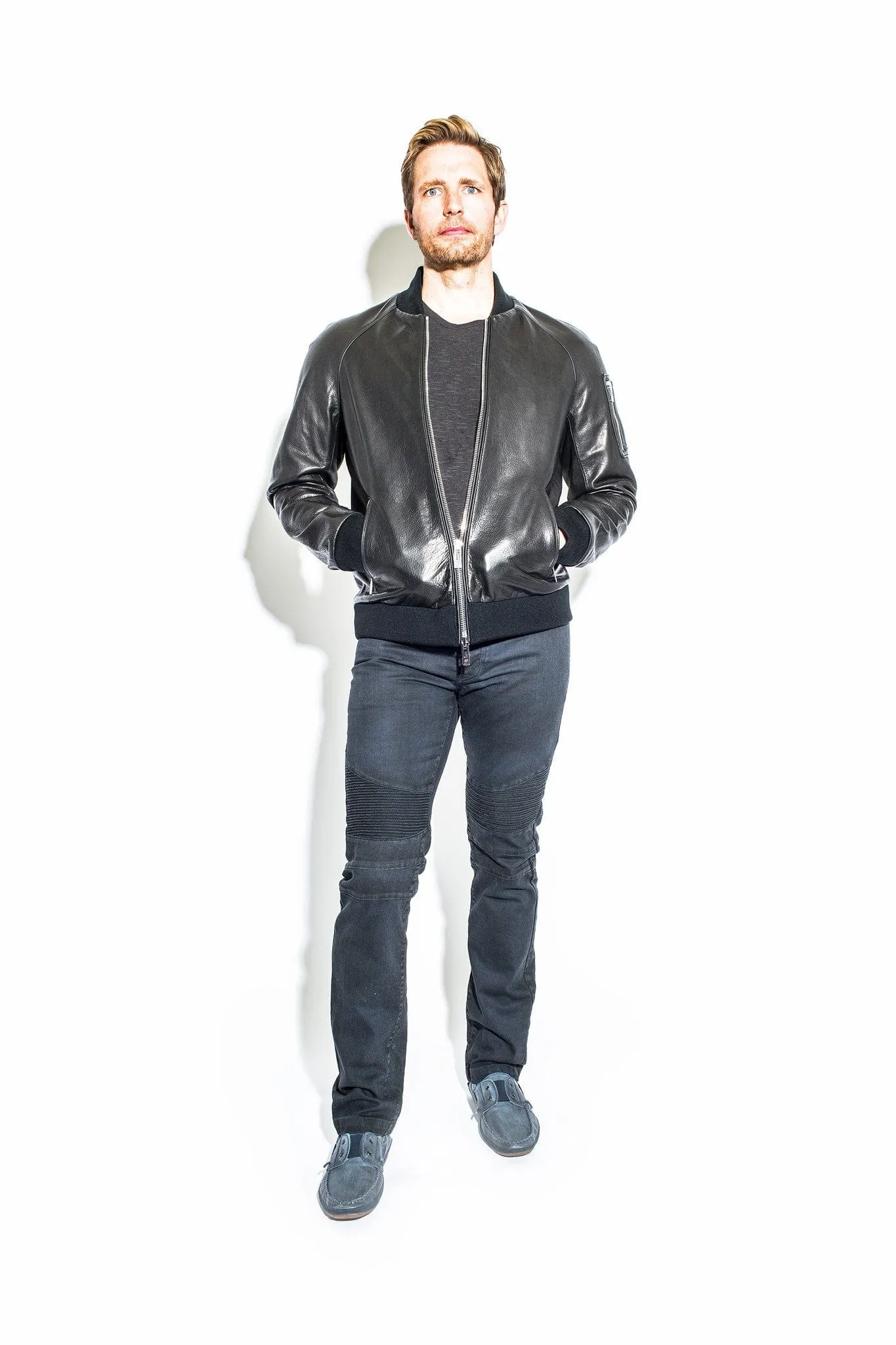 Men's Black Leather Bomber Jacket