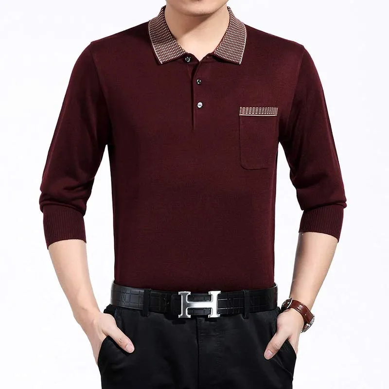 Men's Casual Contrast Color Plaid Long Sleeve Poloshirt with Pocket