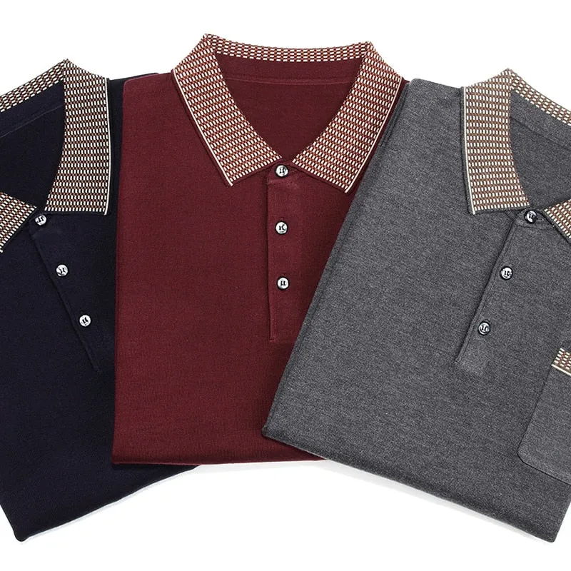 Men's Casual Contrast Color Plaid Long Sleeve Poloshirt with Pocket