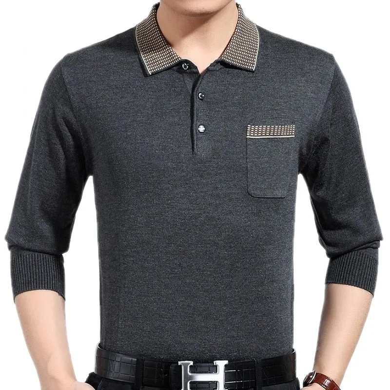 Men's Casual Contrast Color Plaid Long Sleeve Poloshirt with Pocket