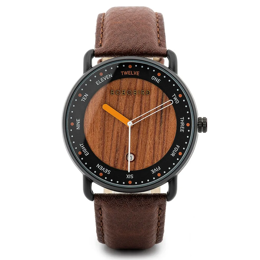 Men's Casual Quartz Movement Genuine Leather Wooden Wristwatch