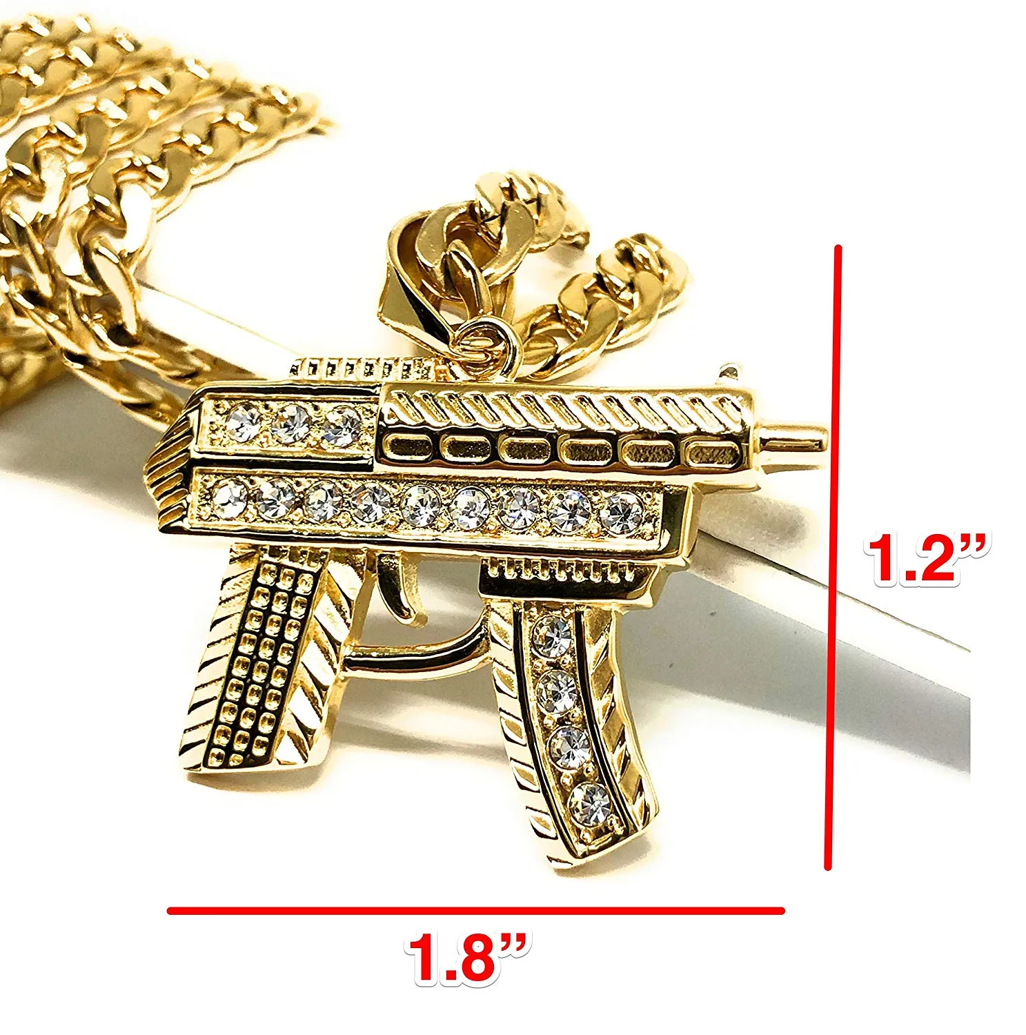 Men's Hip Hop Gold Plated Iced Out Uzi Machine Gun Pendant Necklace 30 Cuban Link Chain 7mm