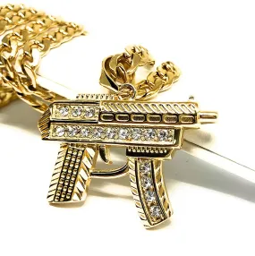 Men's Hip Hop Gold Plated Iced Out Uzi Machine Gun Pendant Necklace 30 Cuban Link Chain 7mm