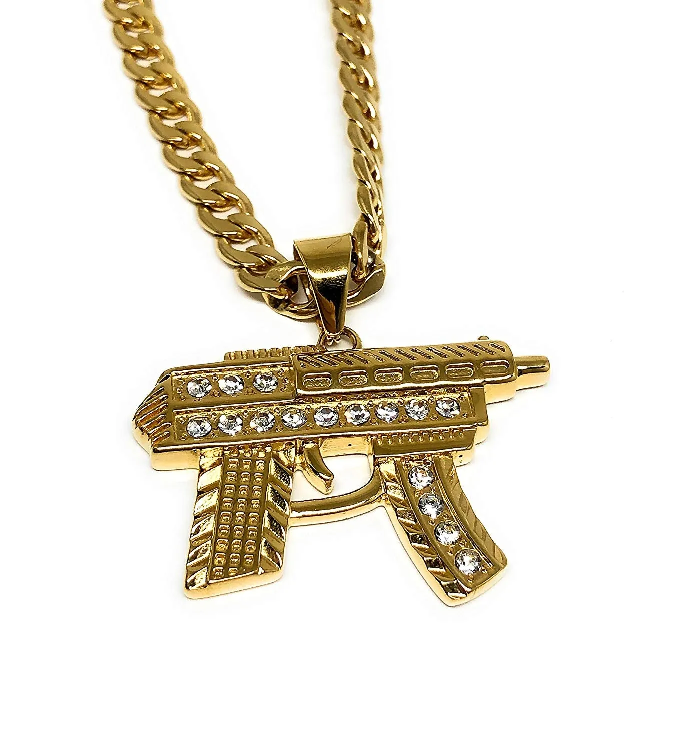 Men's Hip Hop Gold Plated Iced Out Uzi Machine Gun Pendant Necklace 30 Cuban Link Chain 7mm