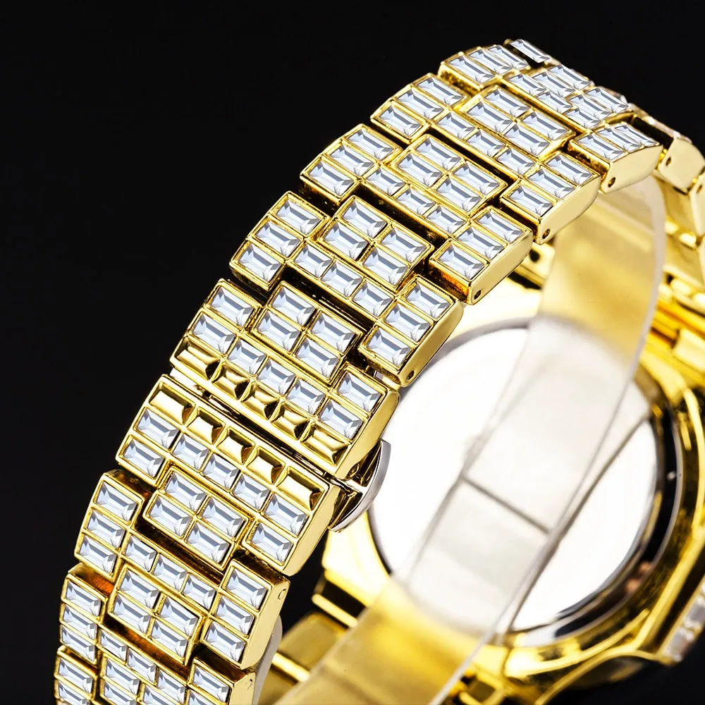 Men's Luxury Baguette Diamond Round Case Hip Hop Quartz Wristwatch