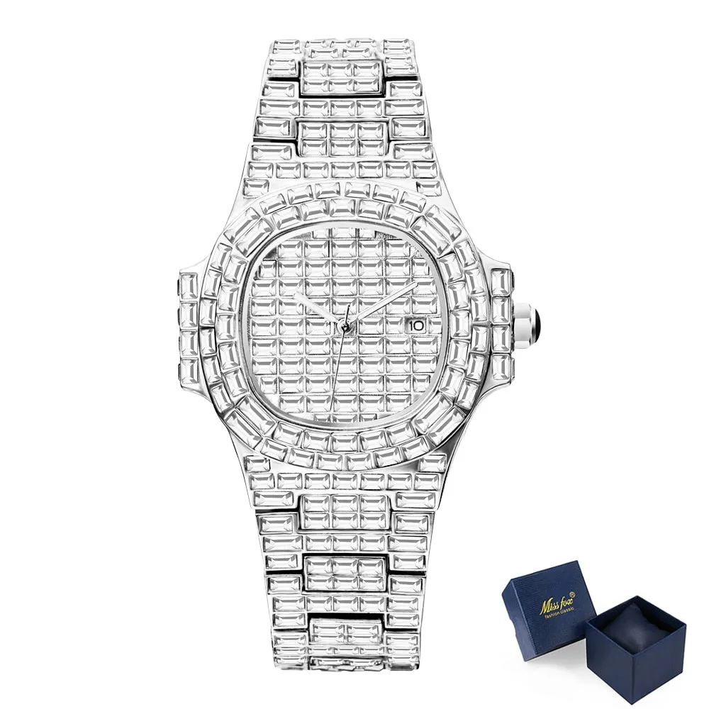 Men's Luxury Baguette Diamond Round Case Hip Hop Quartz Wristwatch