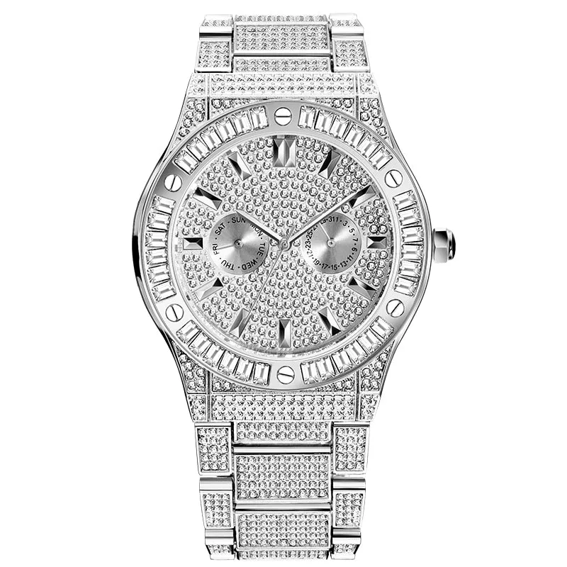 Men's Luxury Bling Square Diamond Stainless Steel Quartz Wristwatch