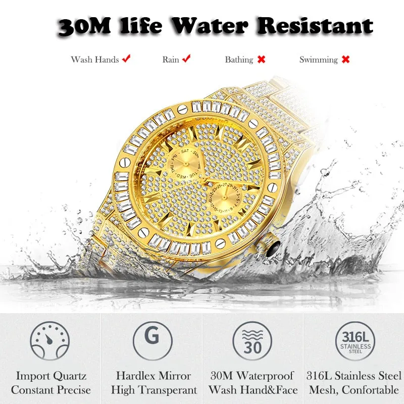 Men's Luxury Bling Square Diamond Stainless Steel Quartz Wristwatch