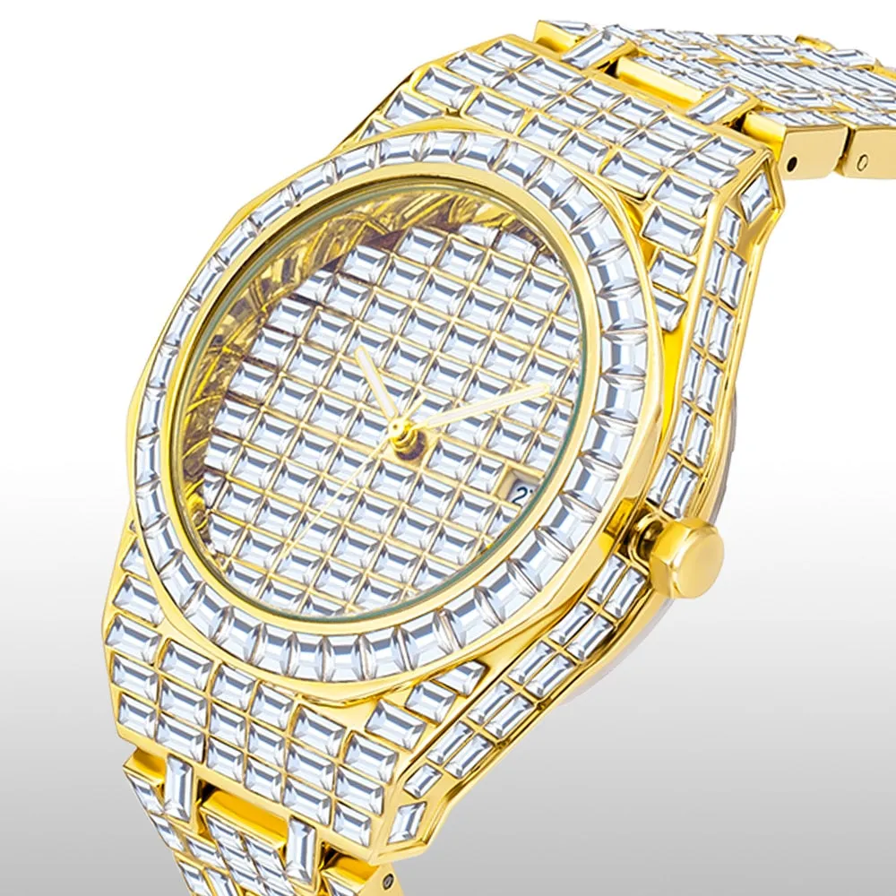 Men's Luxury Gold Nano Vaccum Plated Diamond Iced Out Quartz Wristwatch