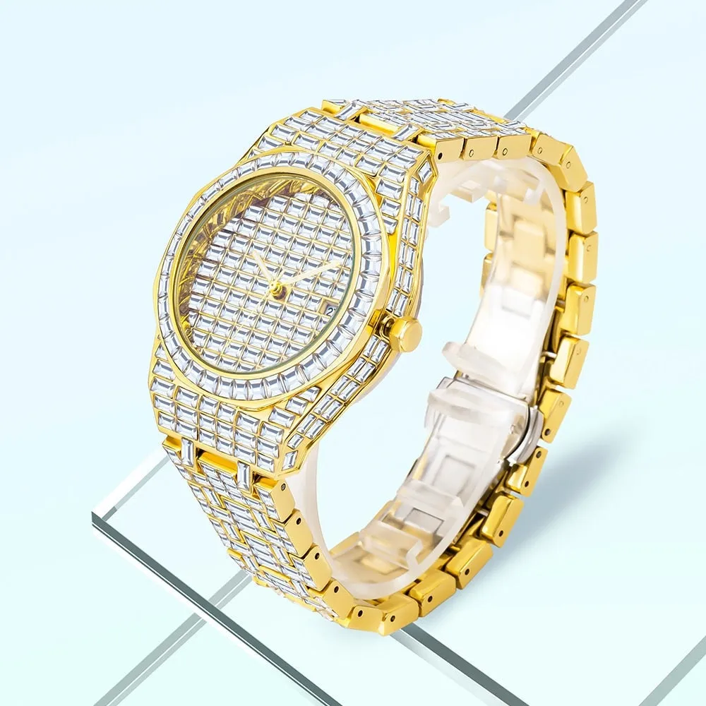 Men's Luxury Gold Nano Vaccum Plated Diamond Iced Out Quartz Wristwatch