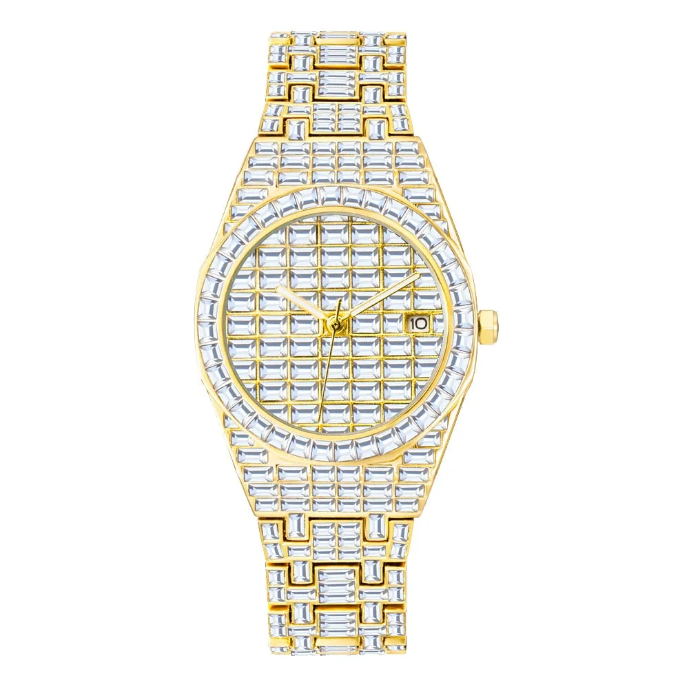 Men's Luxury Gold Nano Vaccum Plated Diamond Iced Out Quartz Wristwatch