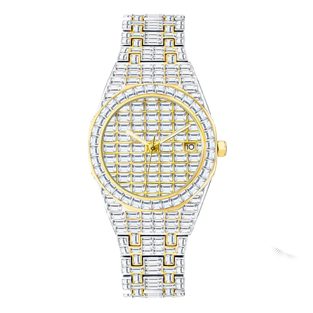 Men's Luxury Gold Nano Vaccum Plated Diamond Iced Out Quartz Wristwatch