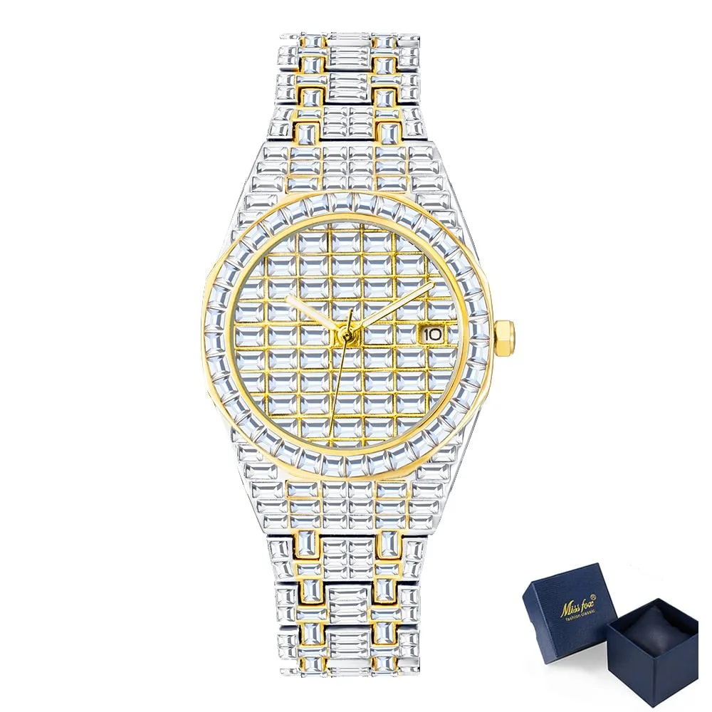 Men's Luxury Gold Nano Vaccum Plated Diamond Iced Out Quartz Wristwatch